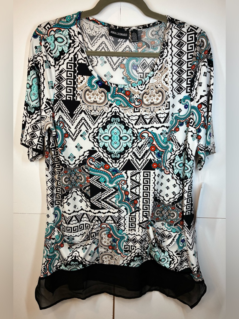 Nina Leonard Printed Blouse L Black White Teal Paisley Geometric Chiffon Hem NWT